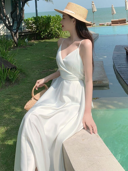 maoxiangshop Summer New French Retro Satin Sexy Super Fairy White Suspender Dress Seaside Holiday Wind Open Back Beach Long Skirt Women