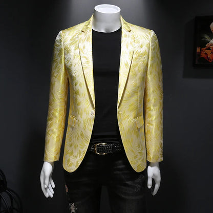 maoxiangshop Luxury Men Jacquard Slim Fit Blazer Stage Performance Metal Gold Yarn Casual Suit Jacket Formal Stage Costumes