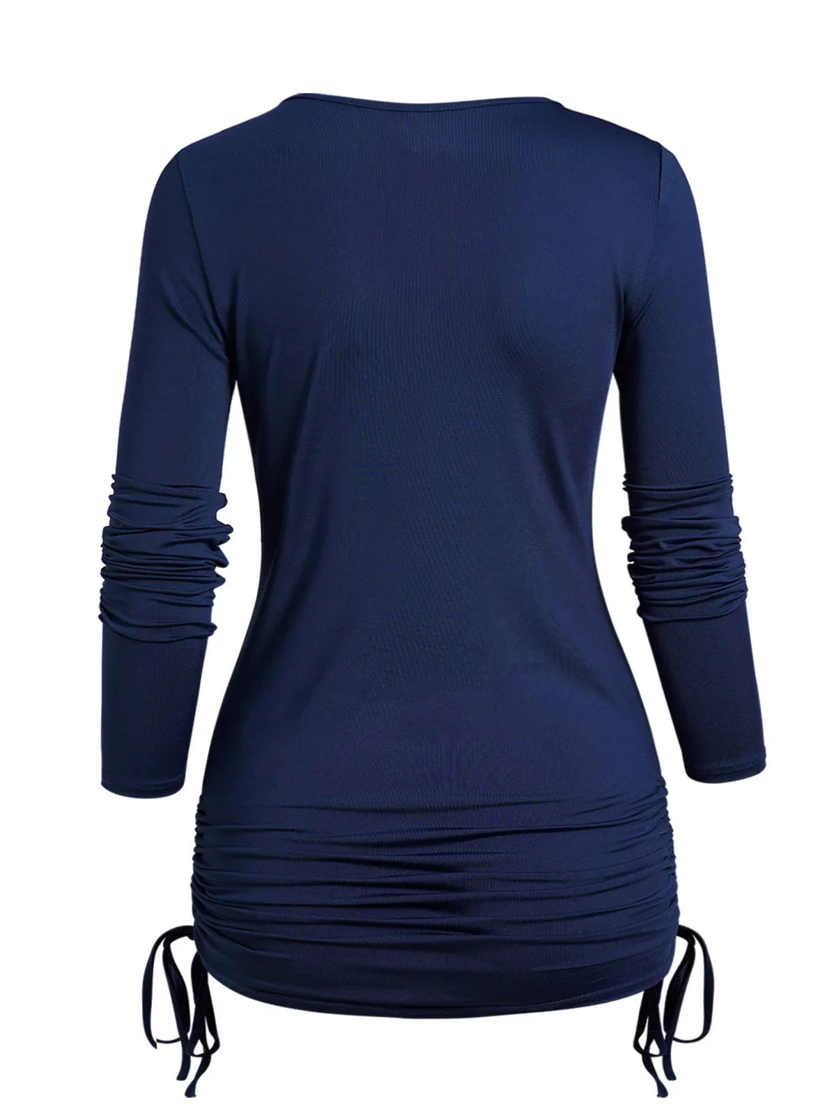 maoxiangshop Long Sleeve Deep Blue Cinched Side Ruffle Trim Top For Women Tie Front Sweetheart Collar Casual Tops