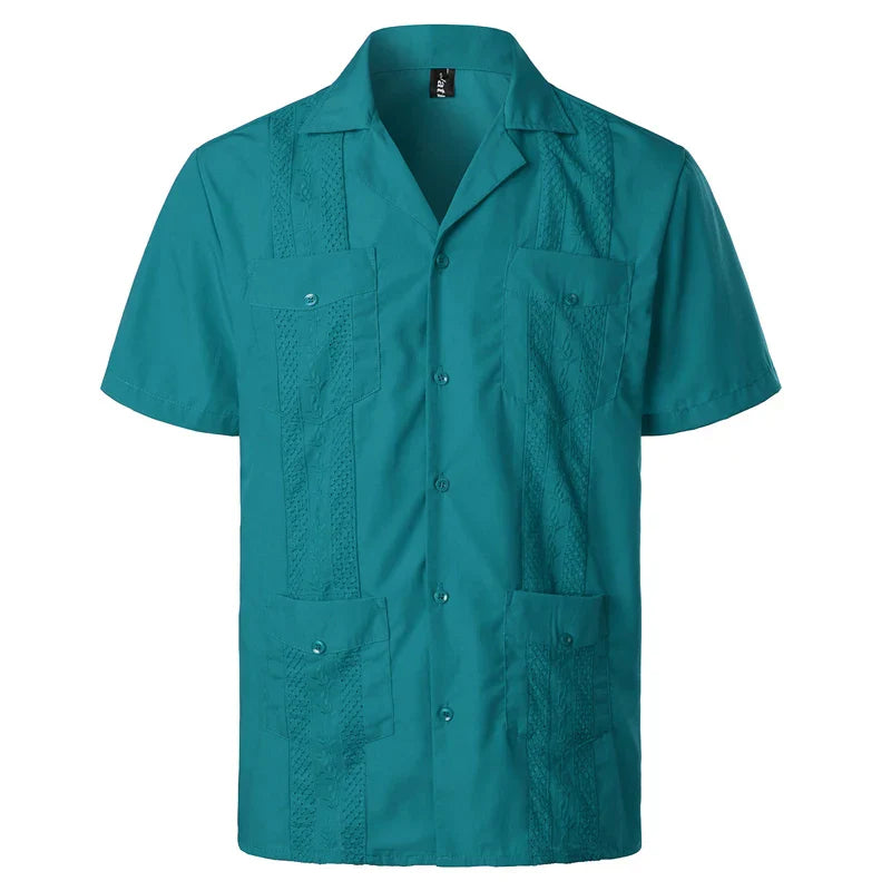 maoxiangshop Men's Traditional Cuban Camp Collar Guayabera Shirt Short Sleeve Embroidered Mexican Caribbean Style Beach Shirt with 4 Pocket