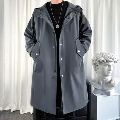 maoxiangshop New Autumn Men's Jacket Trench Coats Pie Over Solid Color Hooded Men's Fashion Handsome Leisure Long Jacket Trench Coats