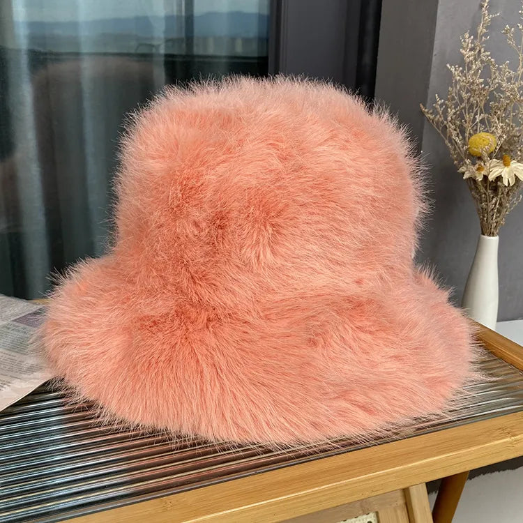 maoxiangshop y2k Fluffy Faux Fur Bucket Hat Women Rabbit Fur Warm Thick Plush Winter Hat Lady Luxury Fashion Furry Panama Fisherman Cap