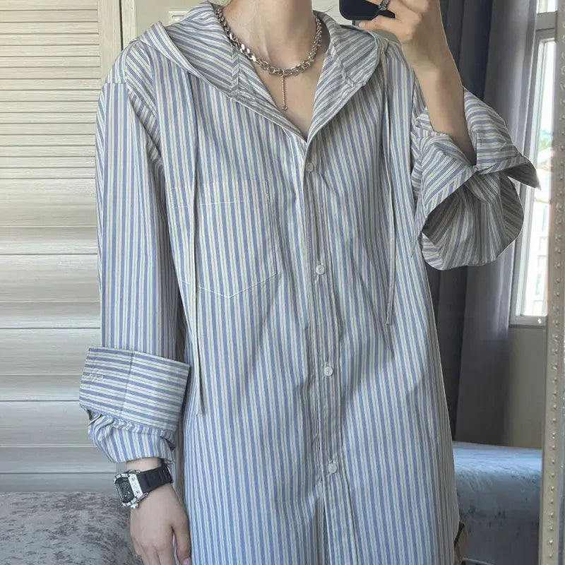 maoxiangshop Autumn Striped Shirts Women Oversized Long Sleeve Top Female Korean Casual Hooded Shirt Ladies Harajuku Single Breasted Blouse