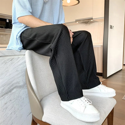maoxiangshop Summer Pleated Pants Men Fashion Oversized Ice Silk Pants Men Japanese Streetwear Loose Straight Pants Mens Casual Trousers
