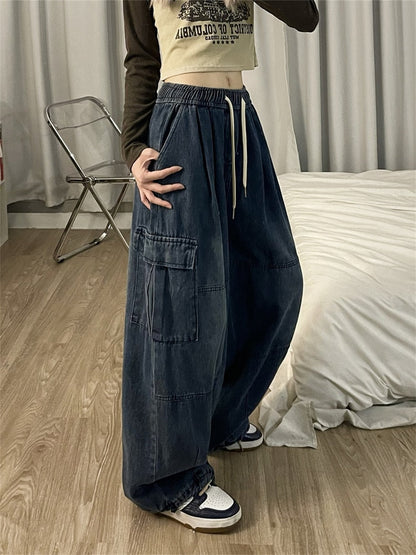 maoxiangshopHarajuku Vintage Blue Cargo Jeans Women Oversized Y2K Grunge Black Baggy Denim Pants Hip Hop Streetwear Wide Leg Trousers