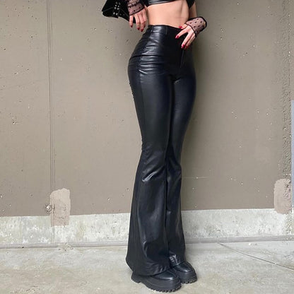 maoxiangshopOutfits For Women PU Leather High Waist Flare Pants Club Party Elastic Trousers Pant Gothic Chic Clothes Legging Fashion