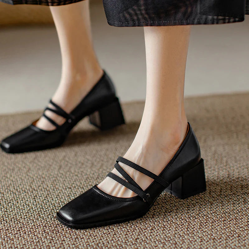 maoxiangshop -  Spring/Autumn Fashion Women Shoes SquareToe Chunky Heel Shoes Women Cow Leather Med Heel Women Pumps Solid Retro Mary Janes