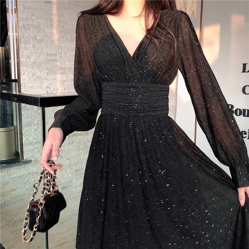 maoxiangshop Vintage Sexy Maxi Dresses for Women Party Sequin Midi Dress Female Casual Chiffon Slim Korean Woman Dress Elegant Autumn