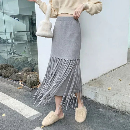 maoxiangshop French Chic Tassel Long Skirts for Women A-line High Waist Female Faldas Ajustadas Ladies Autumn Fashion Maxi Skirt