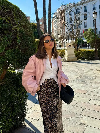 maoxiangshop  -  Chic Women Solid Pink Short Leather Jacket Elegant Lapel Lantern Long Sleeves Zipper Crop Coat Autumn Lady Commuting Outerwear
