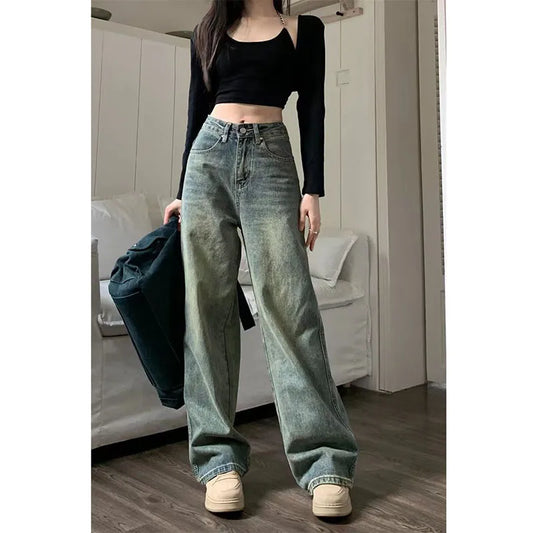 Vintage 90S Baggy Straight Denim Trousers Female Y2K High Waist Loose Wide Leg Jeans Women Streetwear All-Match Casual Pants New