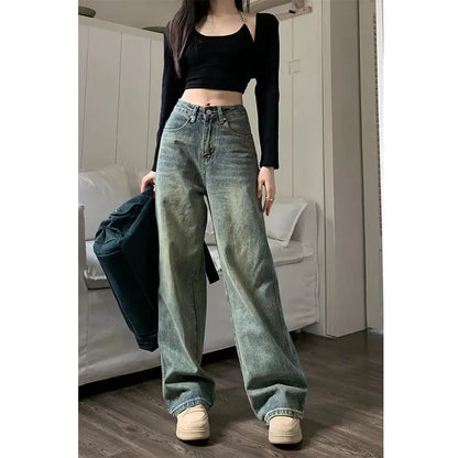 maoxiangshop2 Vintage 90S Baggy Straight Denim Trousers Female Y2K High Waist Loose Wide Leg Jeans Women Streetwear All-Match Casual Pants New