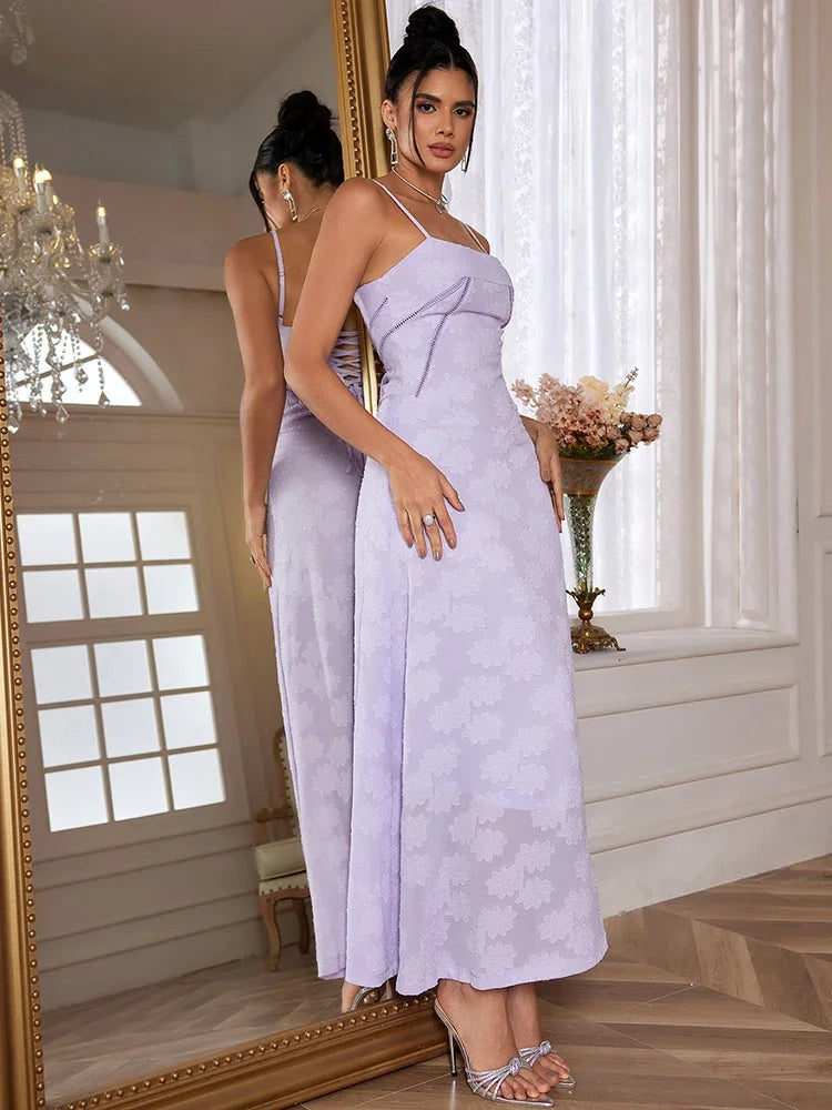 New Summer Elegant Maxi Dress  New Arrival Purple Spaghetti Strap Wedding Guest Dress Lace Up Party Dresses