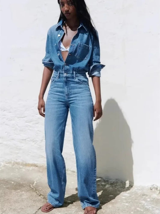 maoxiangshop  -  European And American Style Blue Denim High Waisted Jumpsuit Women'S Spring And Autumn Collar Casual Fashion Pants Straight Leg