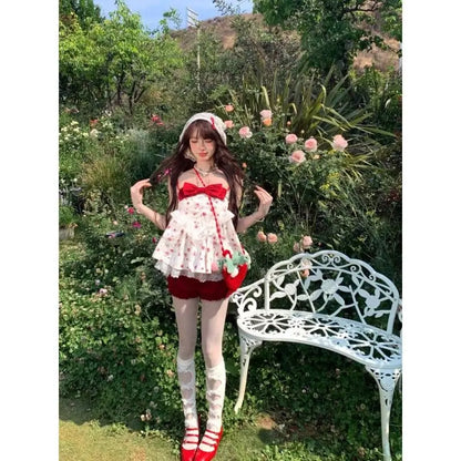 maoxiangshop  -  Cute Girl Sweet Bow Lace Splice Camisole Top Red Slimming Pumpkin Shorts Set Summer New Beach Style Two Piece Sets Women Outfits