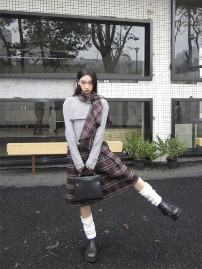 maoxiangshop  -  Retro Grey Set Women'S Autumn/Winter New Collection Stacked Collar Knitted Top With Checkered Half Skirt Two Piece Set