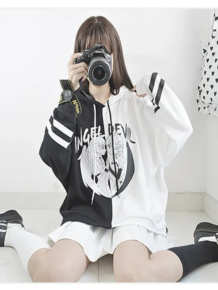 maoxiangshop Kawaii Women Hooded Hoodies Long Sleeve Lovely Patchwork Cute Girls Sweet Sweatshirt Female Pullovers