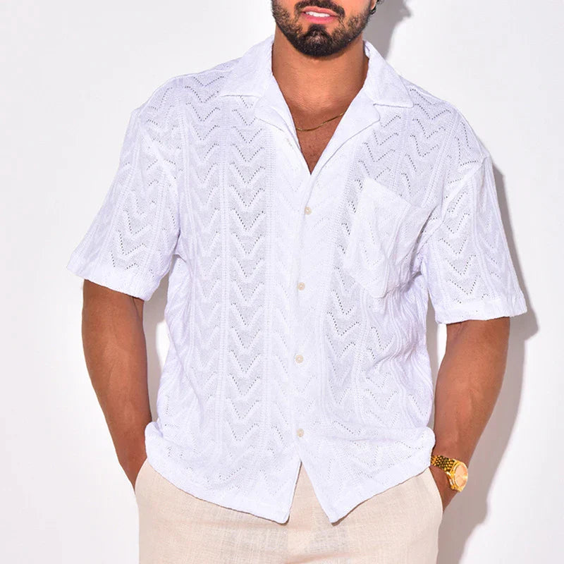 maoxiangshop Summer Trendy Breathable Knit Mens Shirt Short Sleeve Lapel Buttoned Knitted Tops Beach Style Vintage Jacquard Crochet Knitwear