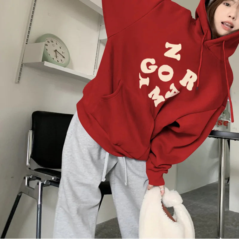 maoxiangshop Korean Autumn Winter Letter Print Hoodie Women Casual Long Sleeve Pullover Tops Hood Shirt Harajuku Oversize Sweatshirt Y2k 후드티