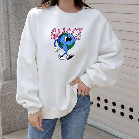 Earth Pattern Print Hoodies Autumn Winter Women's Fashion Versatile Multicolor O-Neck Sweatshirts Sweet Lovely Loose Fleece Tops
