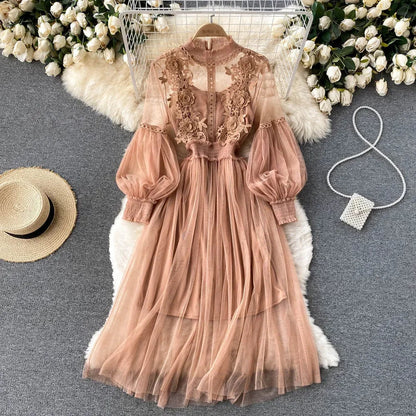 maoxiangshop Ladies Dress Three-dimensional Flower Hook Mesh Temperament Stand Collar Lantern Sleeve High Waist Slim Female Dresses