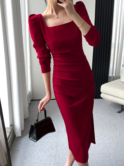 maoxiangshop Square Collar Solid Wedding Maxi Dresses for Women Office Lady Bodycon Midi Dress Elegant Korea Fashion Clothes Autumn Robe