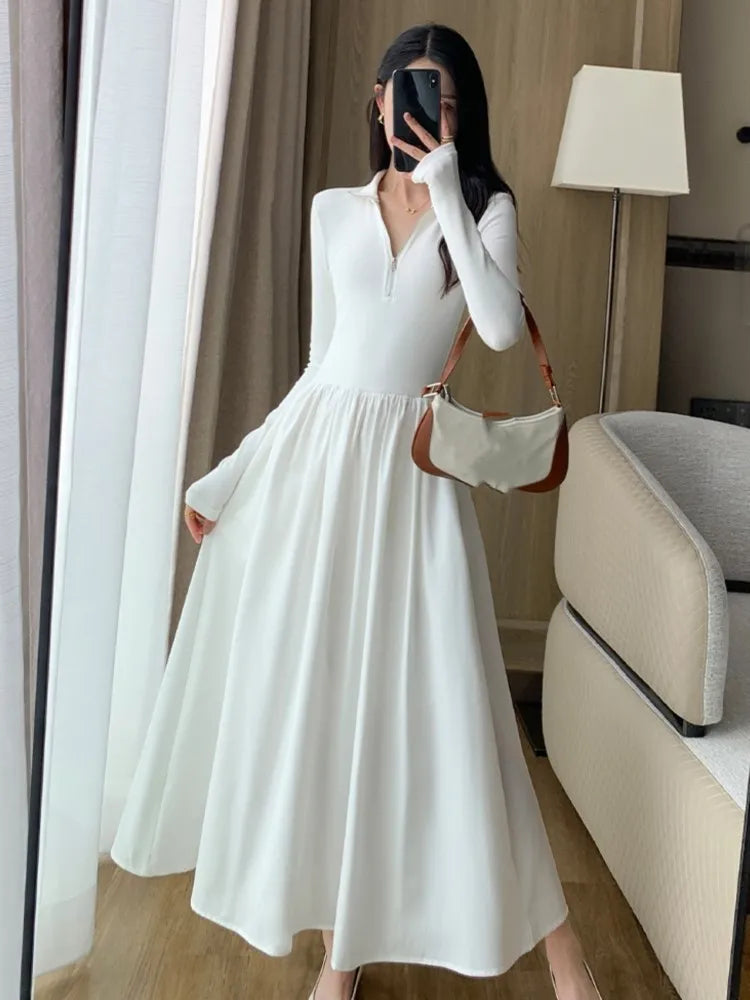 Elegant Vintage Long Sleeve Knitted Midi Dresses Women Korean Casual Slim Fit A-Line Black Birthday Party Robe Autumn Clothing