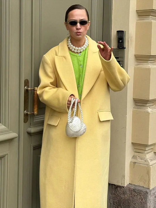 maoxiangshop  -  Loose Lapel Woolen Long Coats Women Winter Classic Yellow Single Button Pockets Overcoats Female Elegant Casual Street Outwear