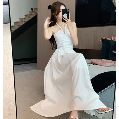 maoxiangshop Vintage White Long Dresses for Women Summer Elegant Chic Solid Sleeveless Casual Female Korean Slim Sexy Backless Sundress