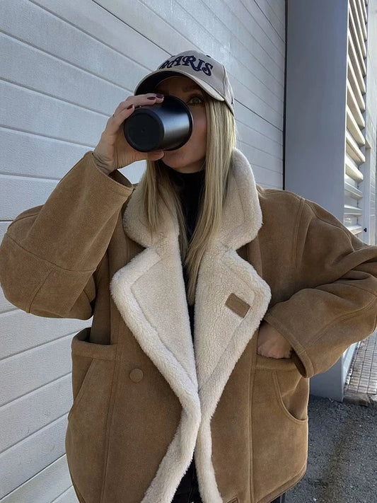 maoxiangshop  -  Fashion Oversize Loose Lamb Jacket For Women 2024 Winter Long Sleeve Button Fleece Coats Female Hip Hop Street Fluffy Outerwear