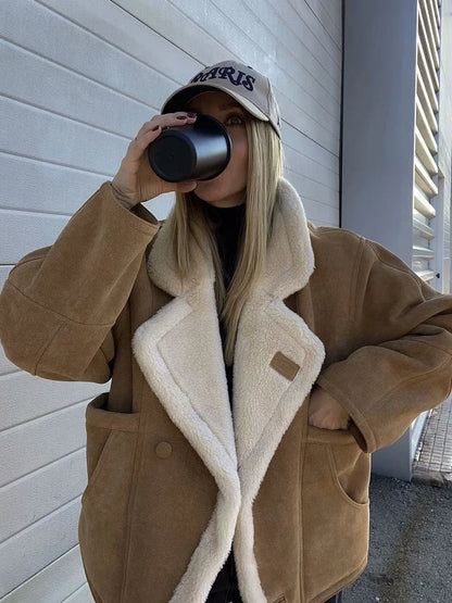 maoxiangshop  -  Fashion Oversize Loose Lamb Jacket For Women 2024 Winter Long Sleeve Button Fleece Coats Female Hip Hop Street Fluffy Outerwear