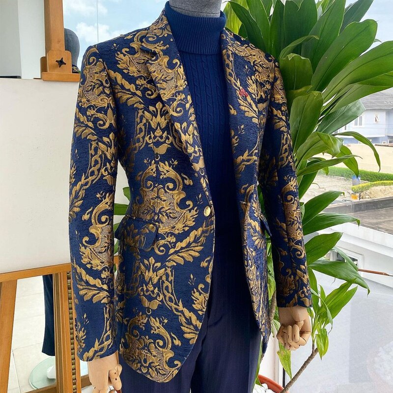 maoxiangshop Floral African Men Suits for Wedding Jacquard Slim Fit Navy Blue Groom Tuxedo 2 Piece Custom Jacket with Pants Male Clothes