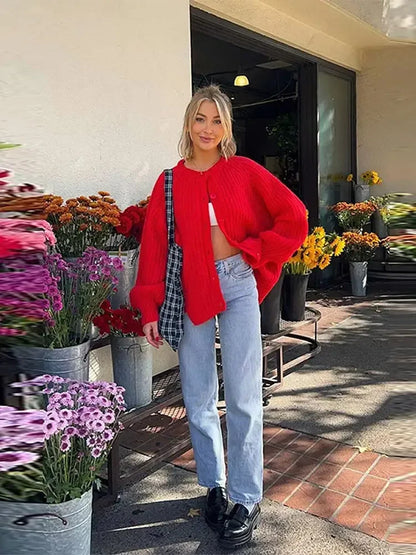 maoxiangshop  -  O-neck Single Breasted Cardigan Knitted Coat Women 2024 Autumn Winter Casual Solid Color Long Sleeve Red Warm Sweater Coats