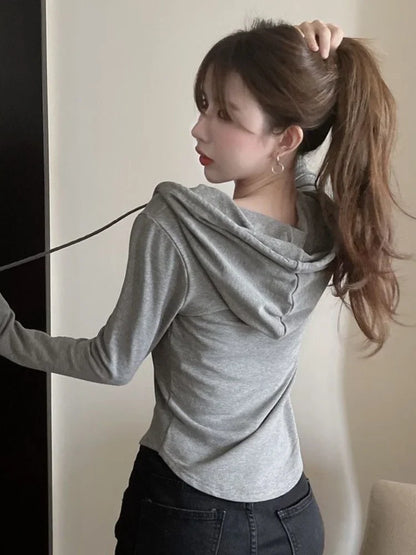 maoxiangshop Korean Style Slim Crop Hoodies Women Pullovers Kpop Solid Hooded Sweatshirt White Long Sleeve Tops Autumn Fashion