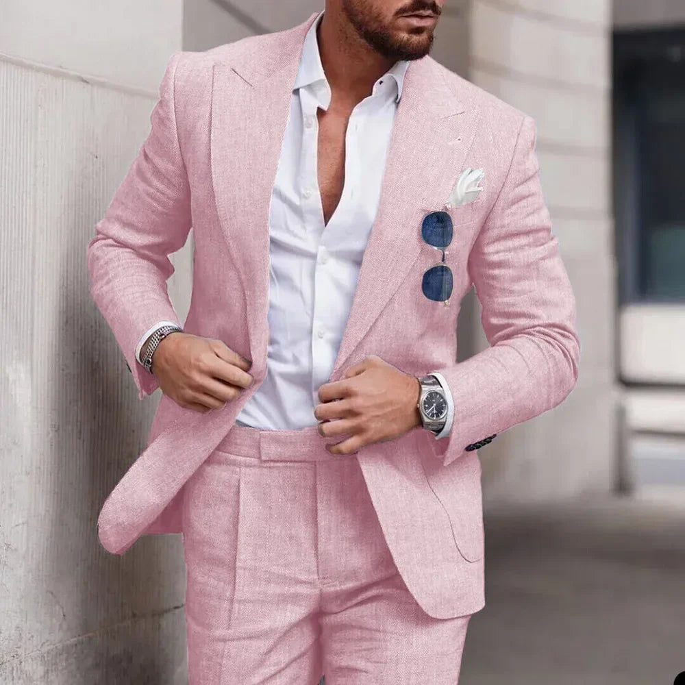 maoxiangshop Fashion Linen Suits for Men Chic Peak Lapel Double One Button Male Suit Slim Fit Business Casual Wedding Tuxedo 2 Piece Costume