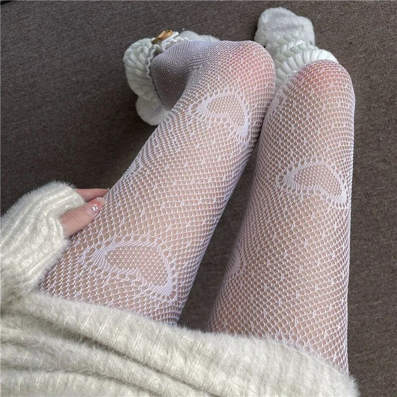 maoxiangshop Heart Flower Mesh Japanese Girl Lolita Ins Tights Stockings White Fishnet Pantyhose Female for Women Summer Legging Stocking