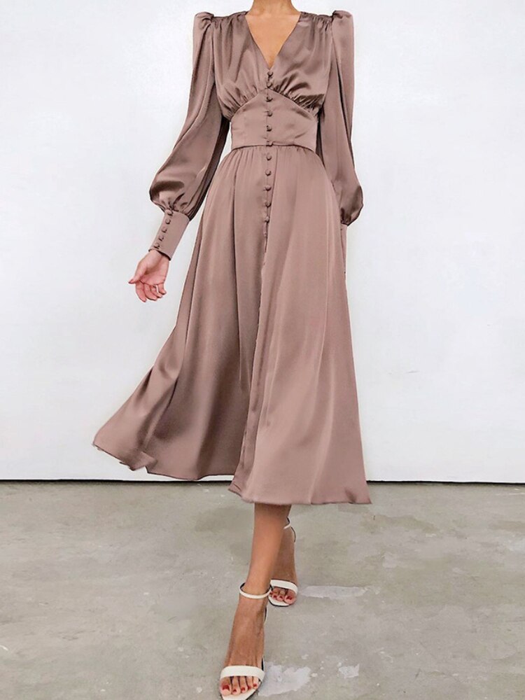 Spring and Summer New Satin Dress French Retro Lantern Sleeves Waist Slim Temperament A-line Long Skirt Woman Dress