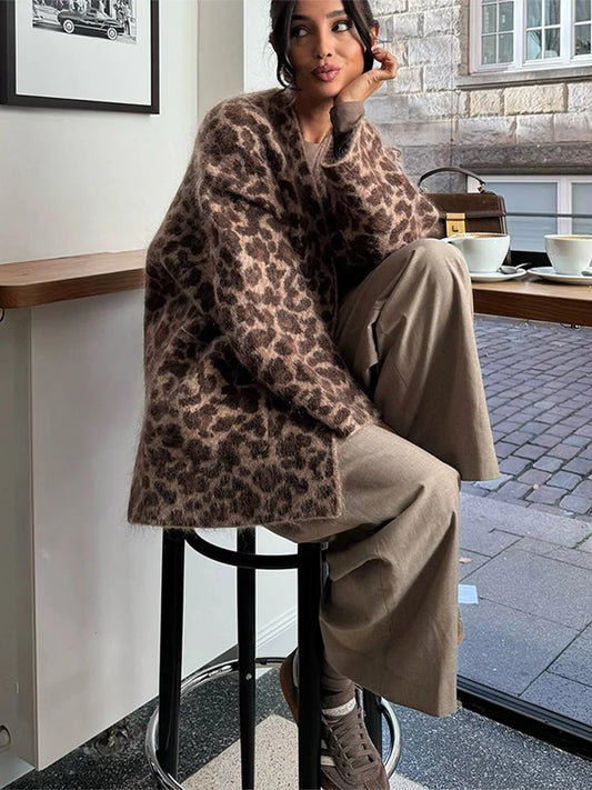 maoxiangshop  -  Fashion Mohair Leopard Printed Warm Coat Women Chic V-neck Pocket Oversized Jacket 2024 Autumn New Lady Casual High Streetwear