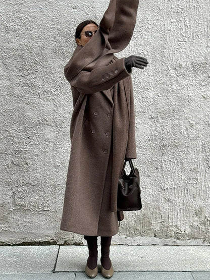 maoxiangshop  -  Brown Woolen Women Coats With Scarf Loose Full Sleeve Double Breasted Long Overcoat 2024 Autumn Lady High Street Outwear