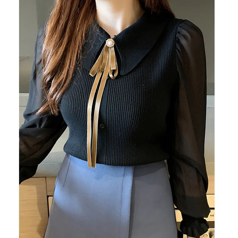 maoxiangshop Women Chiffon Patchwork Sweater Lantern Sleeve Turn-down Collar Pullover Office Lady Sweater For Women Autumn