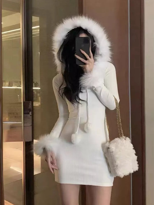 maoxiangshop Sexy Bodycon Y2k Mini Dress Party Winter Pure Color One Piece Dress Korean Fashion Slim French Elegant Casual Dress Design