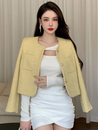 French Chic Small Fragrance Coat Women Autumn Winter Korean Fashion Casual Slim Tweed Jacket Female Woolen Short Outerwear Top