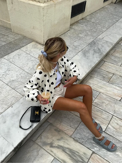 maoxiangshop  -  Women New Fashion Contrasting Love Printed Zipper Jacket Elegant Lapel Long Sleeves Pocket Loose Coat Autumn Chic Lady Outerwear