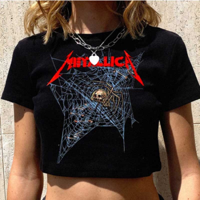 maoxiangshopGoth Skeleton cobweb print grunge graphic short sleeve crop top y2k Harajuku Punk basic Tee Slim T-shirt dress sexy black