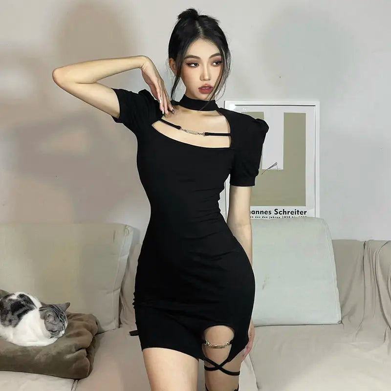 maoxiangshop New Vintage Black Bandage Sexy Dress Spice Girls Hollow Out Short Sleeve Dress Women's Sweet Spicy Thin Skirt Halloween