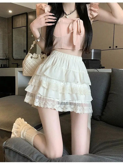 White Lace Pleated Skirt Women Japanese Kawaii Clothing Lace Cake Mini Skirts Even Party Clothing Summer Beach Style