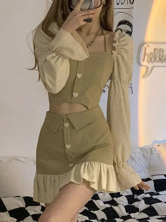 maoxiangshop Dresses Sets Women Sexy Skirt Outfits Female Two-piece Sets Puff Sleeve Halter Top+ A-line High Waist Skirt Two-piece Trend
