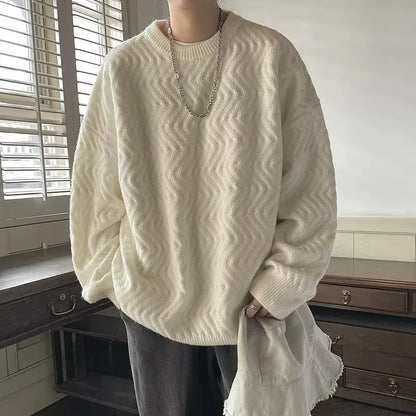 maoxiangshop Harajuku Mens Knitted Sweater Autumn Winter Tops Men Casual Clothes Crewneck Chunky Knit Cardigan Men Pullover Sweaters Shirts