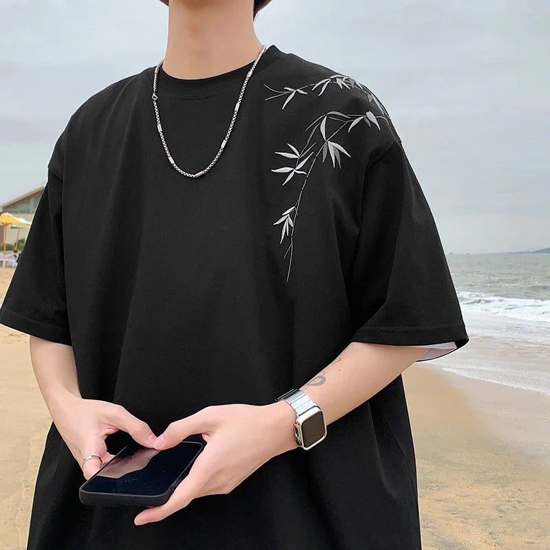 maoxiangshop Bamboo Embroidered T Shirt Men Harajuku Streetwear T-Shirts Summer Short Sleeve Black White Loose Casual Tshirt Tees Top