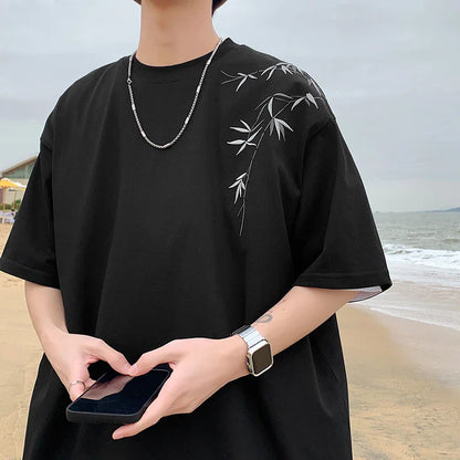 maoxiangshop Bamboo Embroidered T Shirt Men Harajuku Streetwear T-Shirts Summer Short Sleeve Black White Loose Casual Tshirt Tees Top